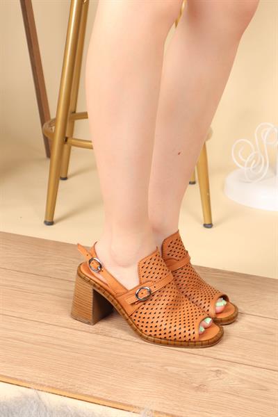 %100 Hakiki Deri Lazerli Topuklu Ayakkabı TABA