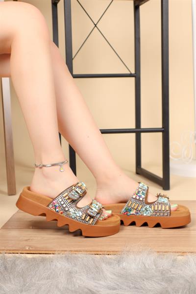 %100 Hakiki Deri Taşlı Çift Bantlı Terlik TABA