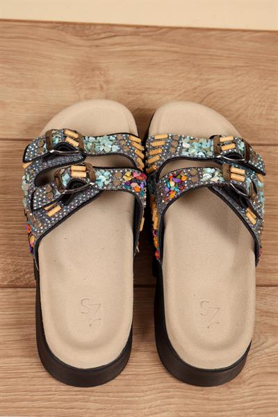 %100 Hakiki Deri Taşlı Çift Bantlı Terlik SİYAH