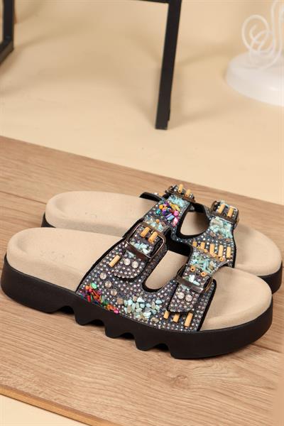 %100 Hakiki Deri Taşlı Çift Bantlı Terlik SİYAH