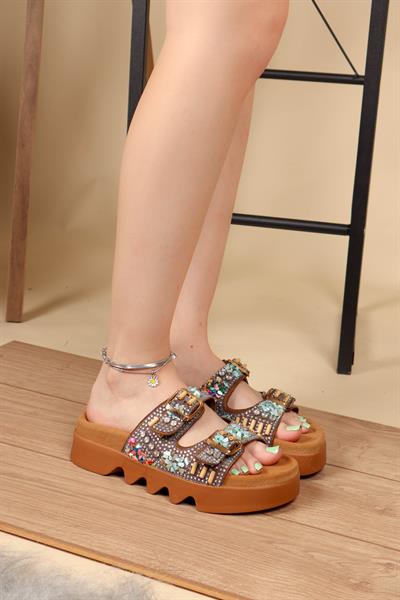 %100 Hakiki Deri Taşlı Çift Bantlı Terlik TABA