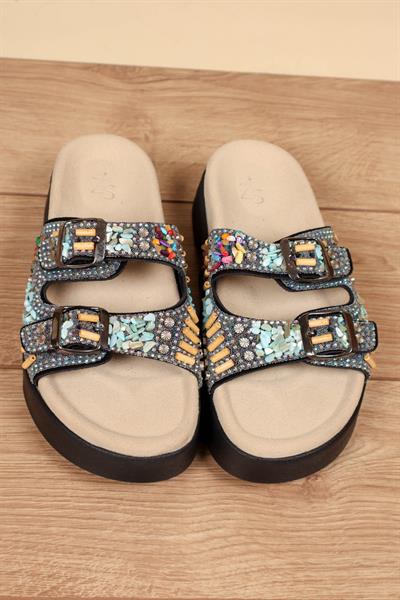 %100 Hakiki Deri Taşlı Çift Bantlı Terlik SİYAH