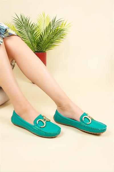 %100 Hakiki Deri Tokalı Loafer YEŞİL