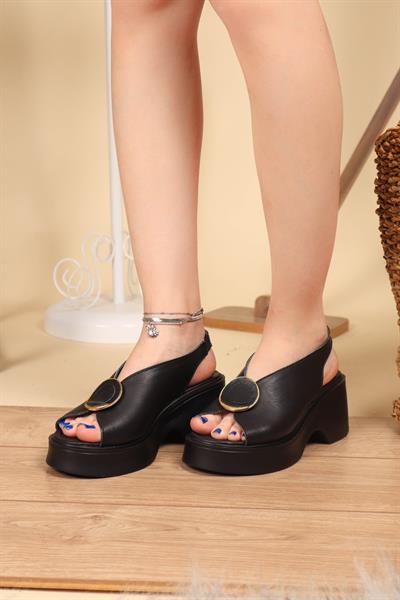 %100 Hakiki Deri Yuvarlak Tokalı Kalın Taban Sandalet SİYAH