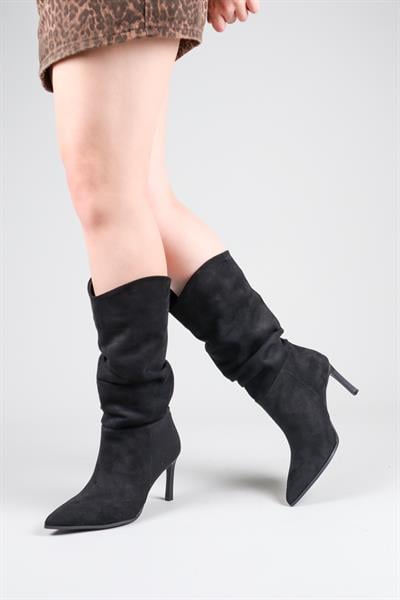 ARLON Büzgülü Çekme Topuklu Çizme SİYAH
