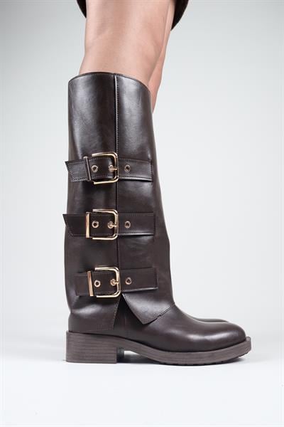 BALROG Gold Kemer Aksesuarlı Düz Çizme KAHVERENGİ