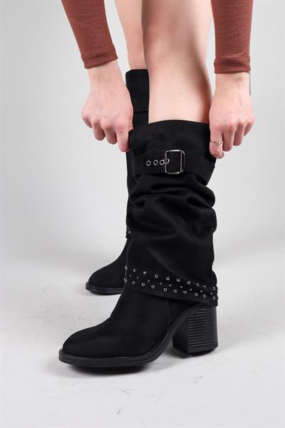 BASİLA Troklu Topuklu Süet Çizme SİYAH