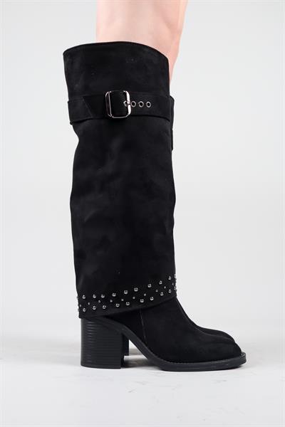BASİLA Troklu Topuklu Süet Çizme SİYAH