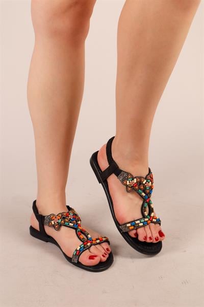 BEADS Renkli Boncuklu İnce Taban Sandalet SİYAH