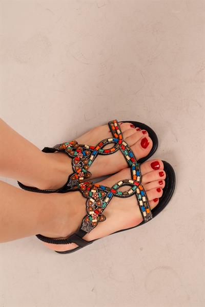 BEADS Renkli Boncuklu İnce Taban Sandalet SİYAH