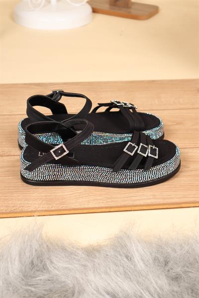 Bilek Bağlı Tabanı Taşlı Sandalet SİYAH