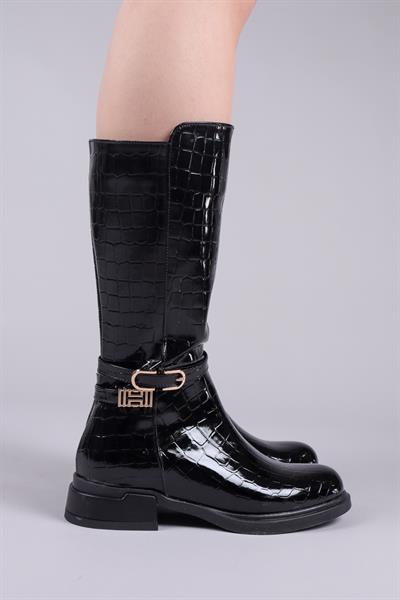 BİMİNİ Gold Tokalı Kroko Rugan Yarım Çizme SİYAH