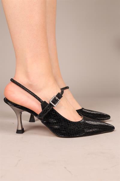 BLİSSY Yılan Dokulu Arkası Taşlı Stiletto SİYAH