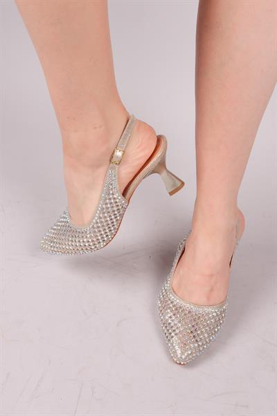 BOLES Lazer Taşlı Arka Açık Topuklu Ayakkabı GOLD