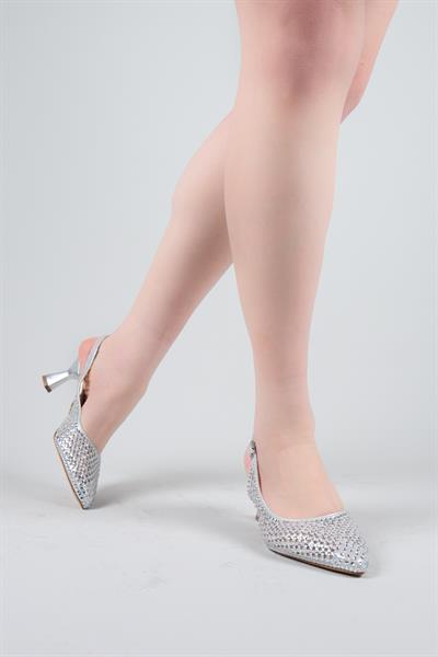 BOLES Lazer Taşlı Arka Açık Topuklu Ayakkabı GÜMÜŞ