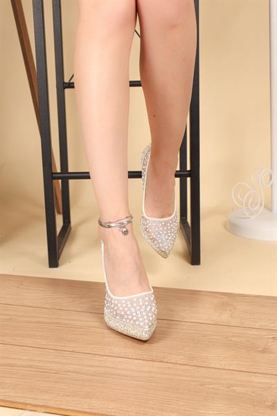 Boncuk ve Taş Baskılı Platform Topuklu Gelin Ayakkabısı SEDEF
