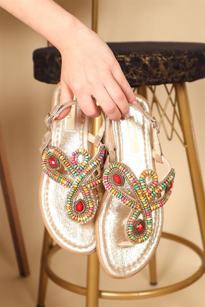 Boncuklu Parmak Arası Sandalet GOLD