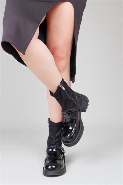 BRANKA Rugan-Süet Kemerli Bot SİYAH