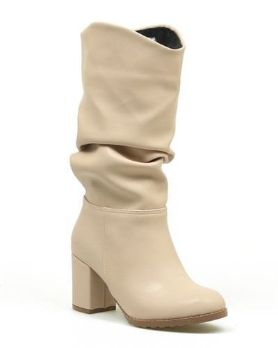 Büzgülü Alçak Topuklu Yarım Çizme NUDE