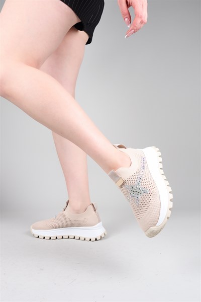 CAMİRİ Taş Aksesuarlı Triko Bağcıksız Sneakers TEN