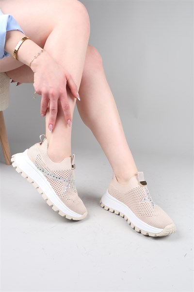 CAMİRİ Taş Aksesuarlı Triko Bağcıksız Sneakers TEN