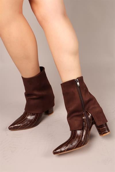 CİBUTİ Süet-Kroko Garnili Topuklu Bot KAHVERENGİ