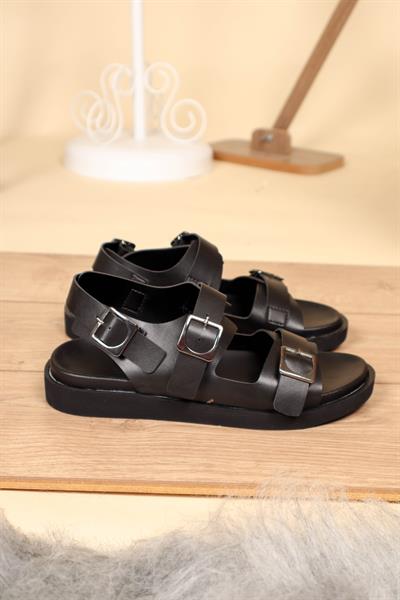 Çift Tokalı Düz Taban Sandalet SİYAH