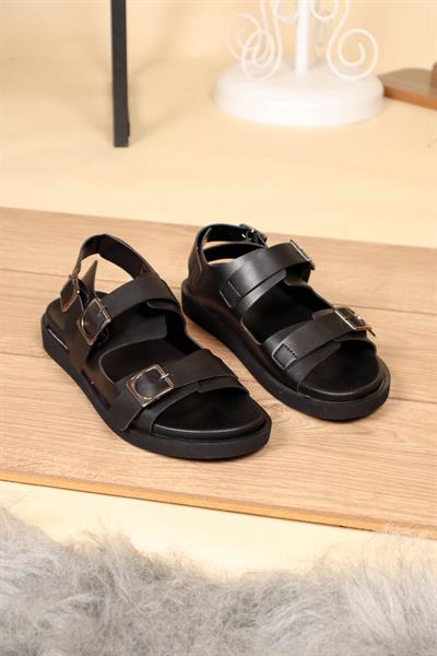 Çift Tokalı Düz Taban Sandalet SİYAH