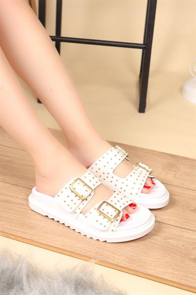 Çift Tokalı Troklu Terlik BEYAZ