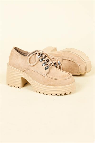 Cilt Garnili Bağcıklı Kalın Topuk Ayakkabı NUT