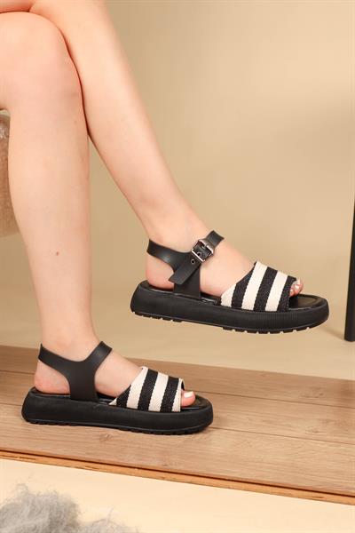 Çizgili Kalın Taban Sandalet SİYAH
