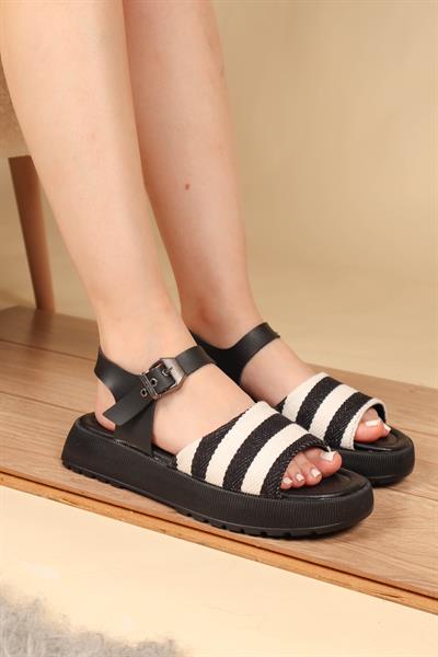 Çizgili Kalın Taban Sandalet SİYAH