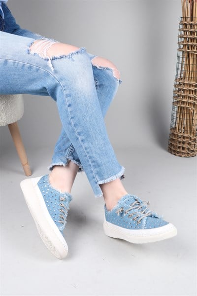 CLARA Tamamı Taş Aksesuarlı Kot Sneakers MAVİ