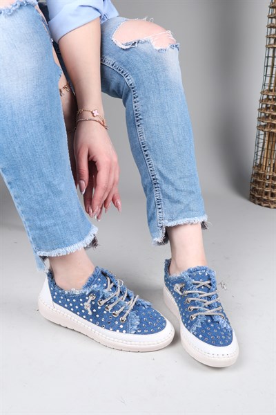 CLARA Tamamı Taş Aksesuarlı Kot Sneakers LACİVERT
