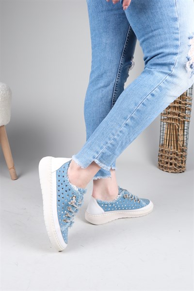 CLARA Tamamı Taş Aksesuarlı Kot Sneakers MAVİ
