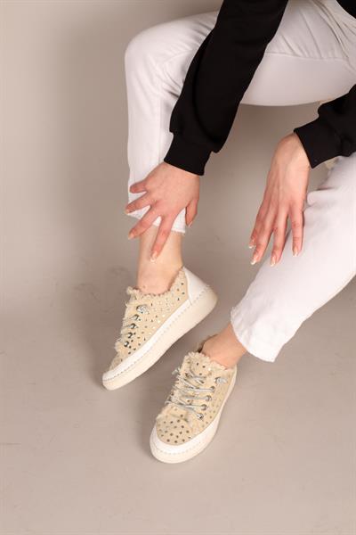CLARA Tamamı Taş Aksesuarlı Kot Sneakers BEJ