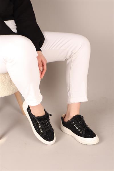 CLARA Tamamı Taş Aksesuarlı Kot Sneakers SİYAH