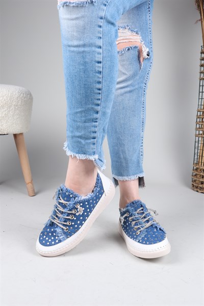 CLARA Tamamı Taş Aksesuarlı Kot Sneakers LACİVERT