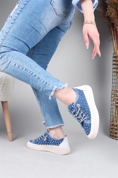 CLARA Tamamı Taş Aksesuarlı Kot Sneakers LACİVERT