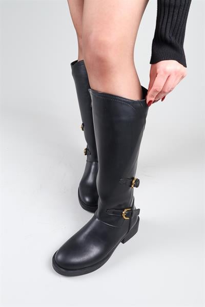 DENA Çift Kemer Aksesuarlı Çizme SİYAH