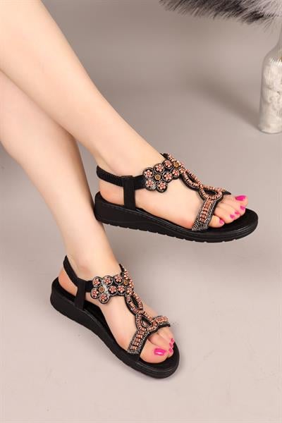 DERLA Tahta Çiçekli Boncuklu Sandalet SİYAH