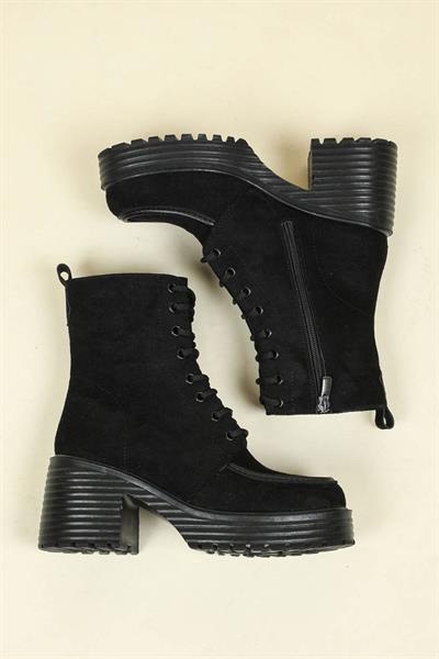 Dikiş Detay Bağcıklı Topuklu Süet Bot SİYAH