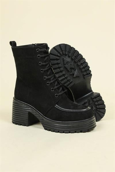 Dikiş Detay Bağcıklı Topuklu Süet Bot SİYAH