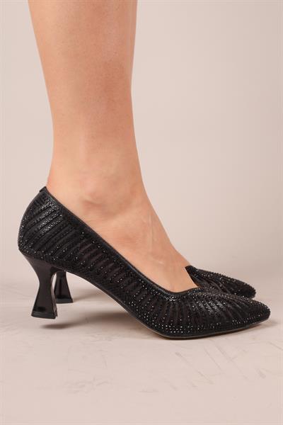 ELOY Lazerli Taşlı Topuklu Ayakkabı SİYAH