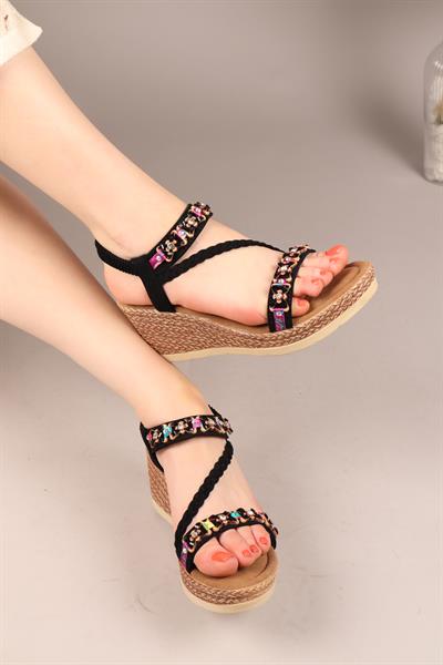 FANEL Örgü Biyeli Dolgu Topuklu Ayakkabı SİYAH