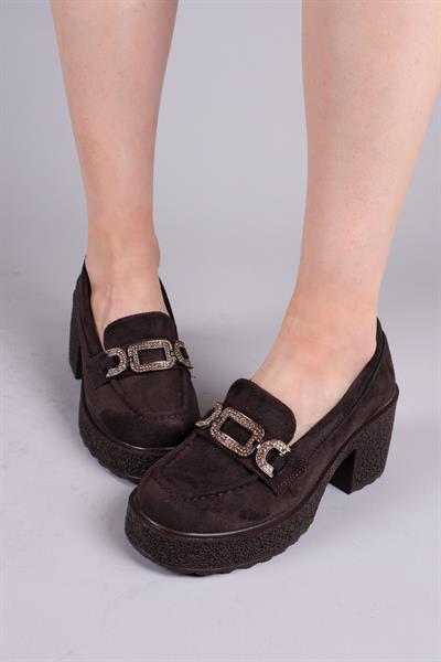 FERLAC Taşlı Tokalı Kalın Topuklu Loafer KAHVE
