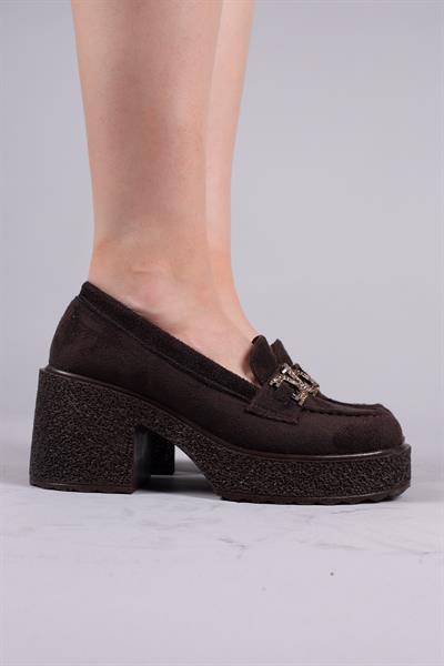 FERLAC Taşlı Tokalı Kalın Topuklu Loafer KAHVE