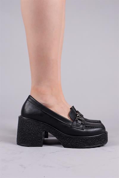 FERLAC Taşlı Tokalı Kalın Topuklu Loafer SİYAH