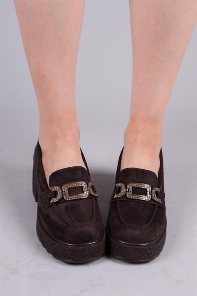FERLAC Taşlı Tokalı Kalın Topuklu Loafer KAHVE
