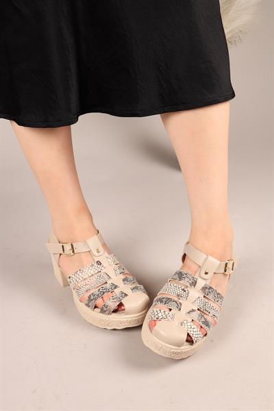 FİONEL Kafesli Topuklu Sandalet BEJ